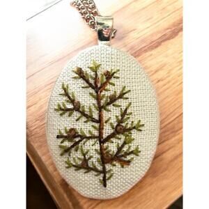 Pine Tree Embroidery Necklace, Handmade Pendant